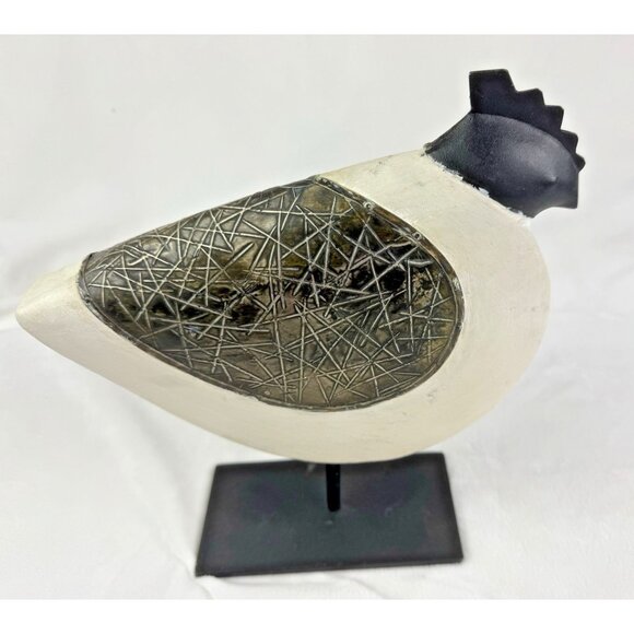 Pier One Chicken Rooster Statue Cast Iron Wood Black & White 10” Tall - Picture 4 of 4